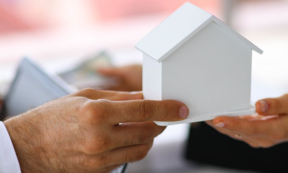 Person holding model houses